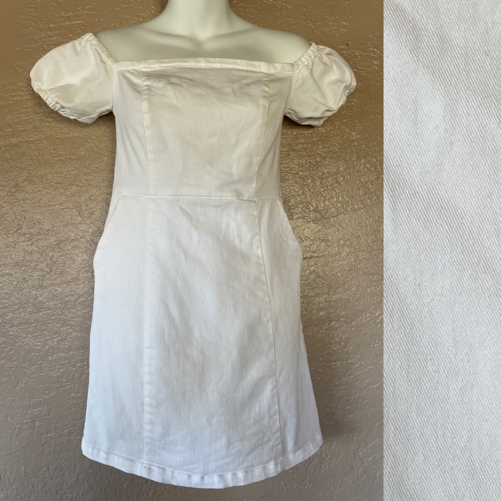 White DENIM Off SHOULDER Mini DRESS Small
